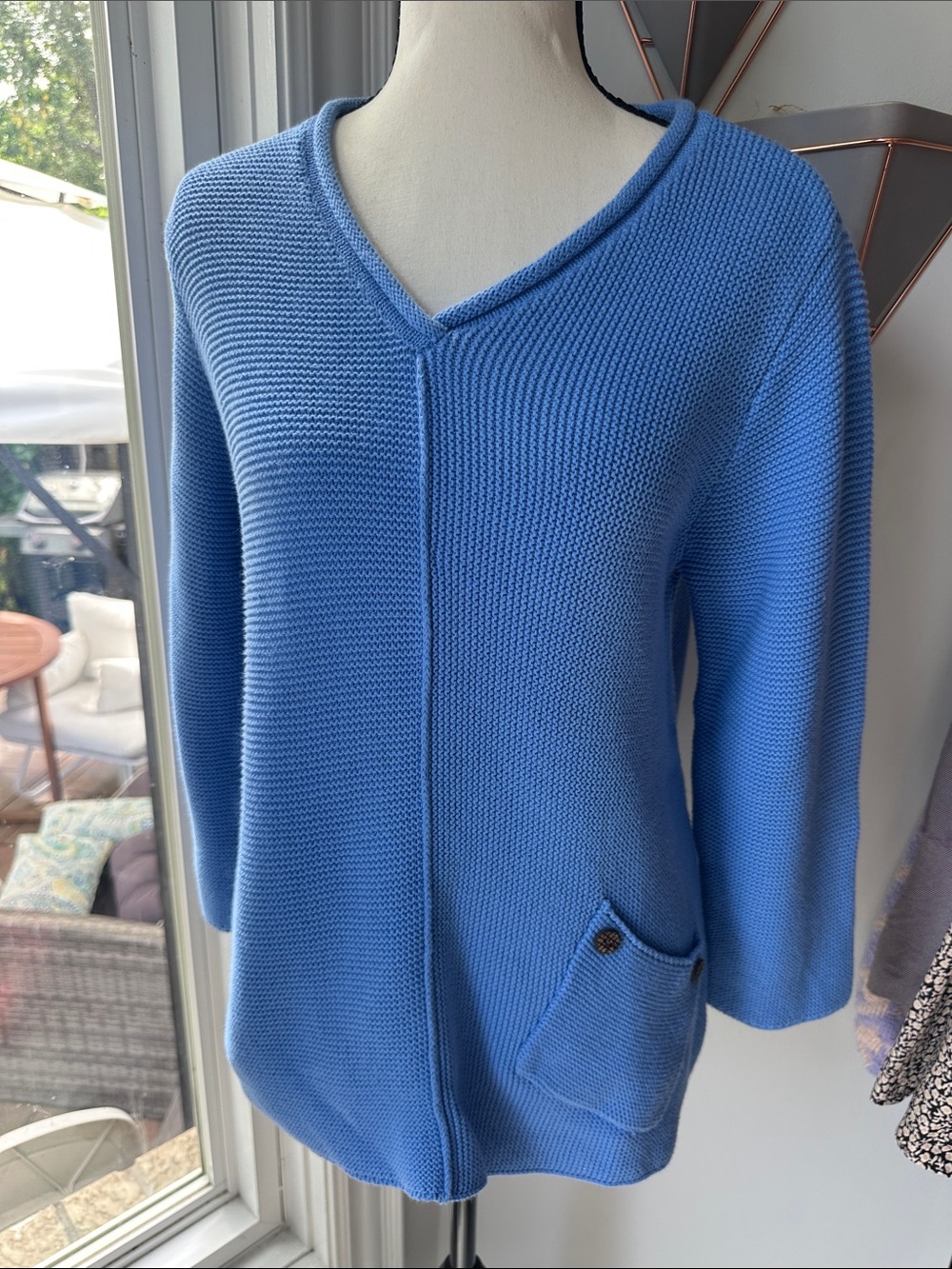 HABITAT 100% Cotton Blue Rolled V-Neck Pocket Sweater Top 3/4 Sleeves Size Small